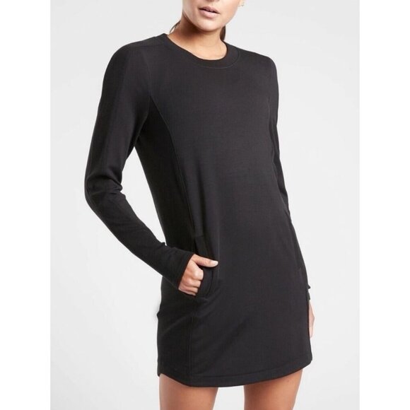 Athleta Balance Long Sleeve Crewneck Dress With Pockets Black - Picture 1 of 12